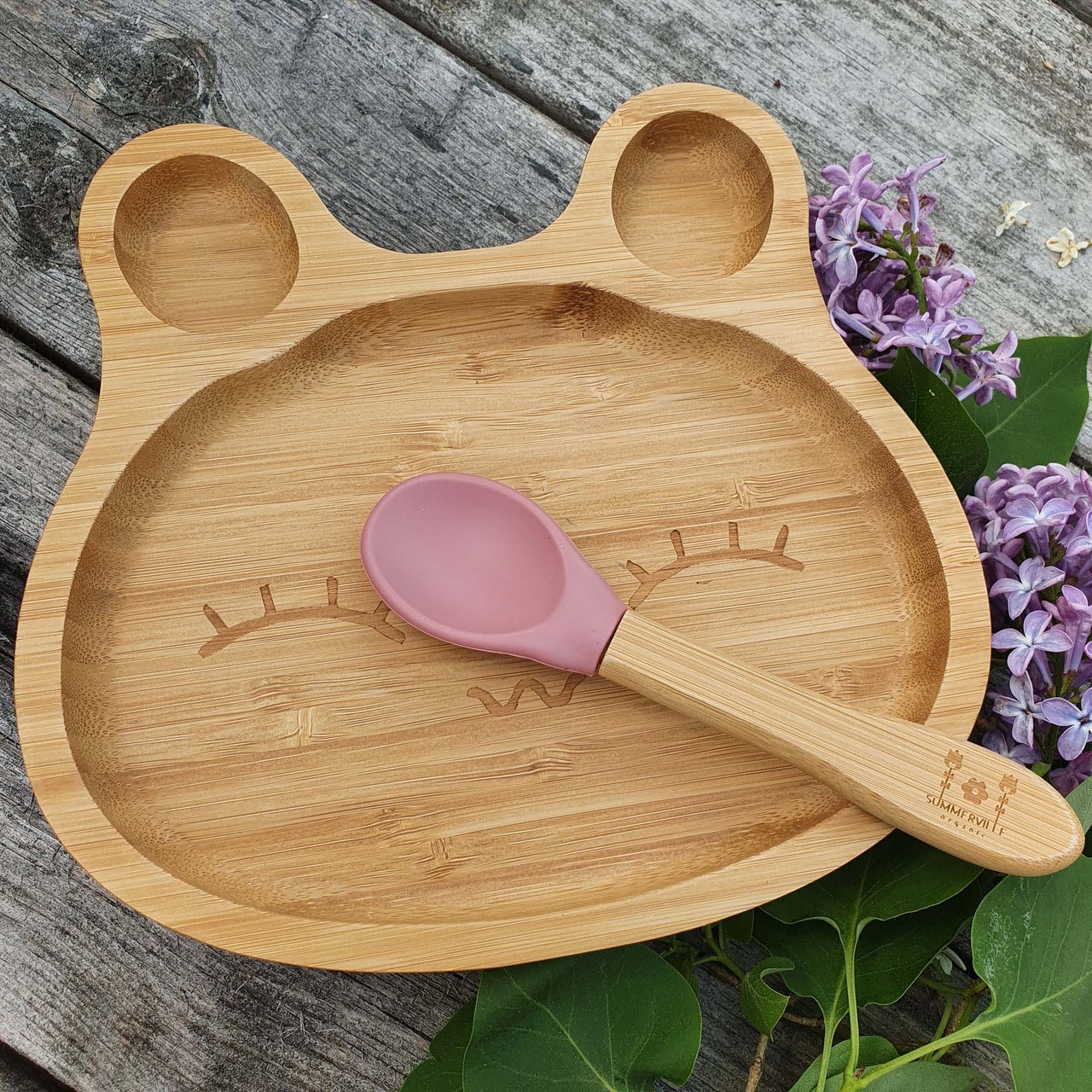 Kids bamboo tableware rabbit dusty rose